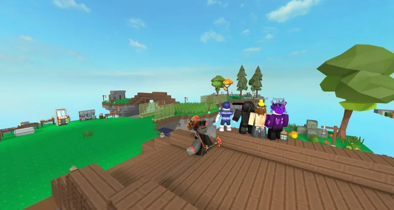 Player avatars standing on a wooden dock of a floating grassy island, with crop trellises and small buildings behind them.